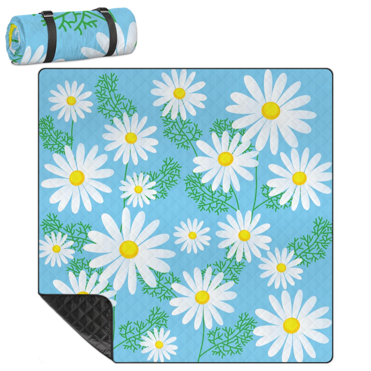 Shimoshe Extra Large Picnic Blankets 79”x 79”, Floral Flower Daisy Waterproof Foldable Picnic Mat with Straps Portable Beach Blanket for Camping Park Grass Beach Indoor (Daisy)