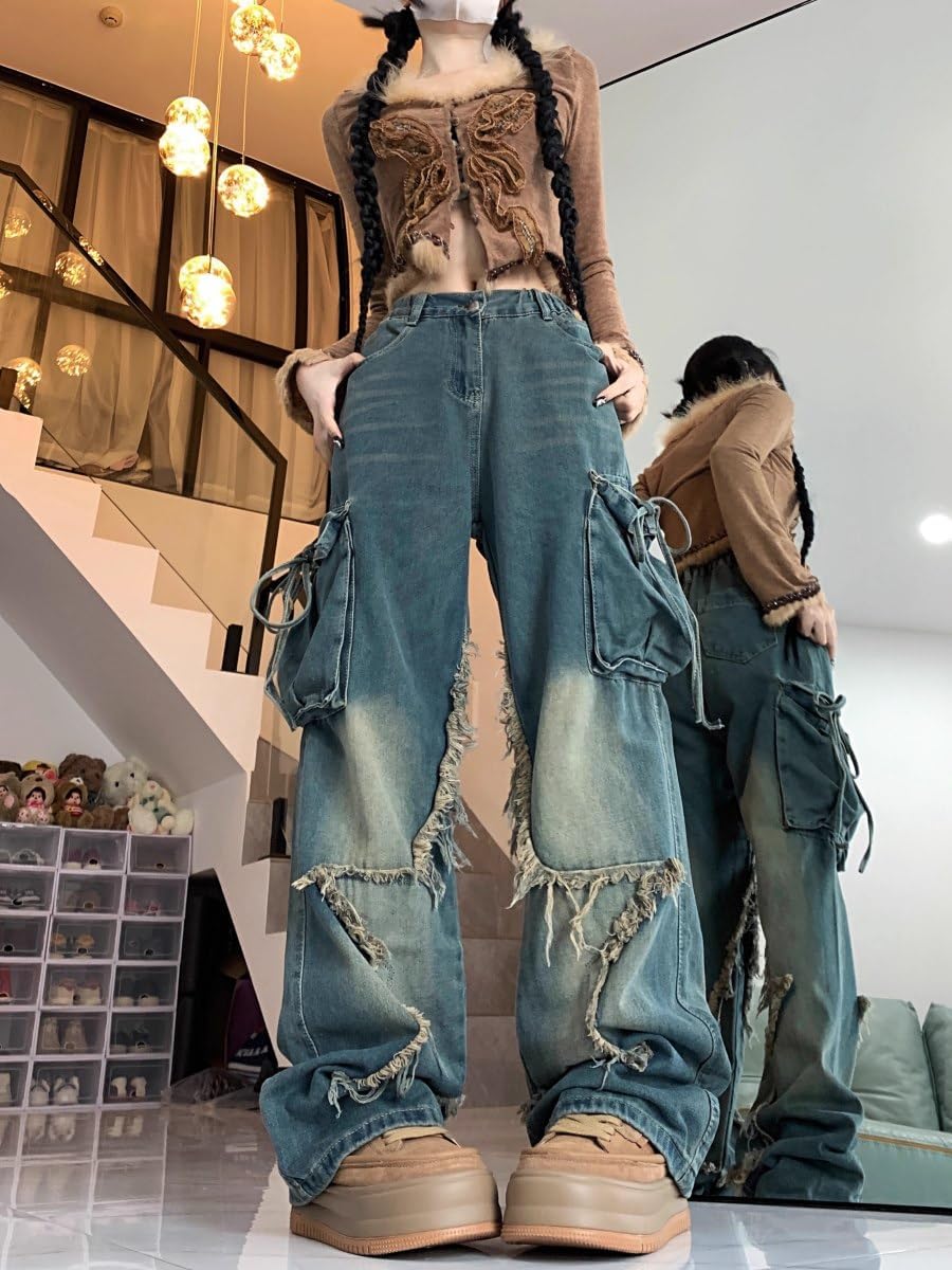Y2K Baggy Ripped Jeans for Women – Wide Leg Butterfly Print & Star Patch Distressed Denim Pants High Waist Streetwear - Image 2