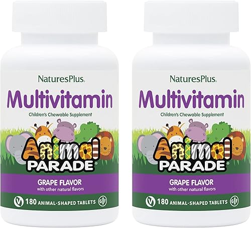 NaturesPlus Animal Parade - Multivitamínico masticable para niños, sabor a uva, 180 tabletas en forma de animal, paquete de 2, promueve la salud y