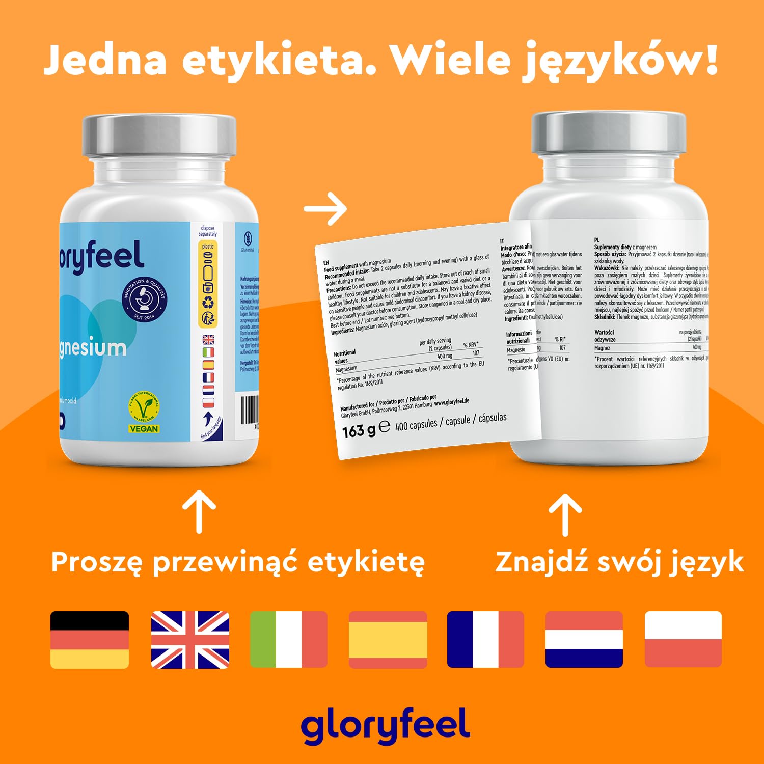 Magnez 400 kapsułek - 760 mg, w tym 400 mg magnezu pierwiastkowego na dzienną dawkę - Wspiera pracę mięśni i metabolizm energetyczny - Testowane laboratoryjnie - Wyprodukowano w DE bez dodatków