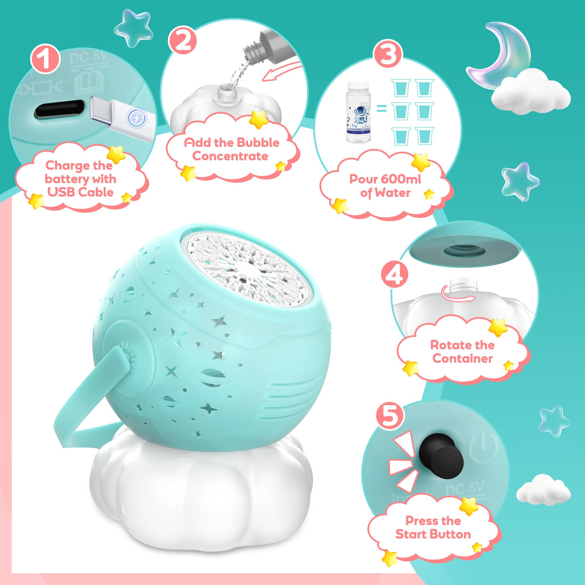 cossy Macchina per bolle ricaricabile, per bambini, portatile, con luci calde, con oltre 20000 bolle al minuto, adatta per esterni, feste, matrimoni, colore: verde