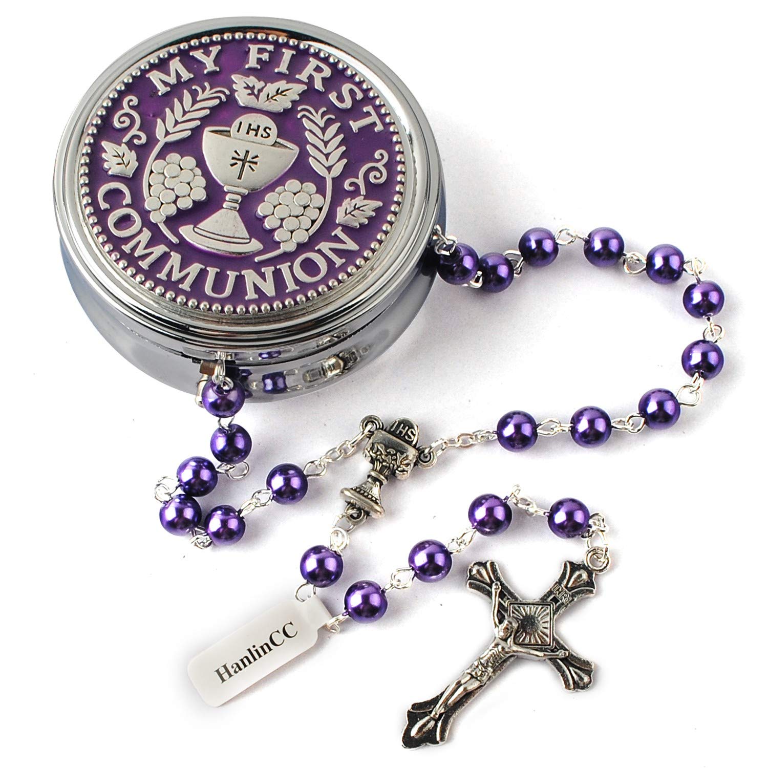 HanlinCC 6mm Purple Color Glass Pearl Prayer Beads First Communion Rosary with Chalice Center Piece and Crucifix in Anti-Silver Plated Pack in Holy Cup Metal Gift Box (Purple)