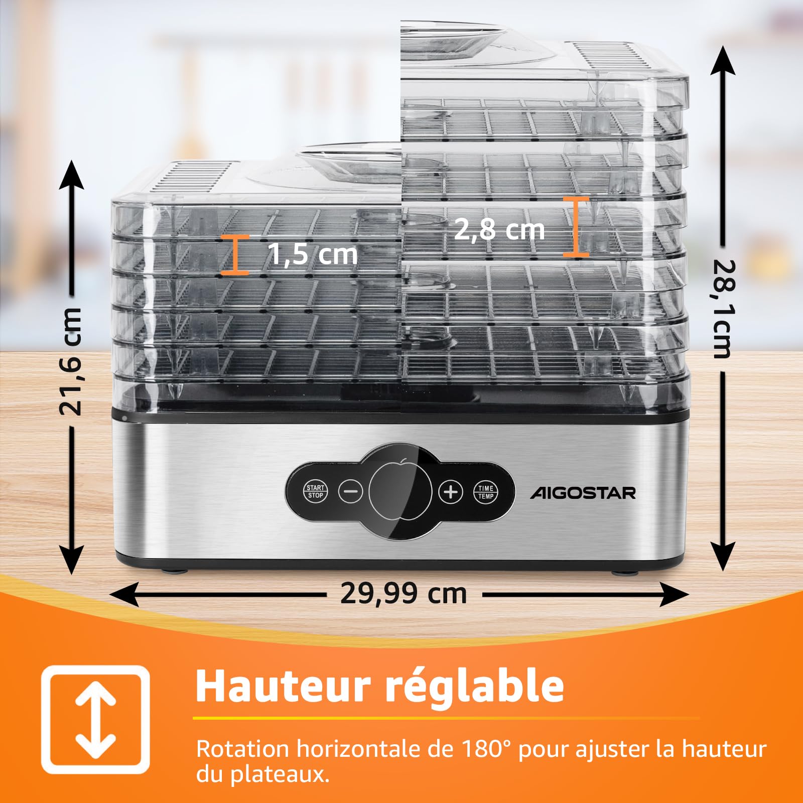 Aigostar Deshydrateur Alimentaire avec 5 Plateaux, Déshydrateur sans BPA, Minuterie 99h et Température 35-75 °C, Écran LED, 240W, pour Fruits, Poisson, Légumes, Viande, Jerky, Herbes etc