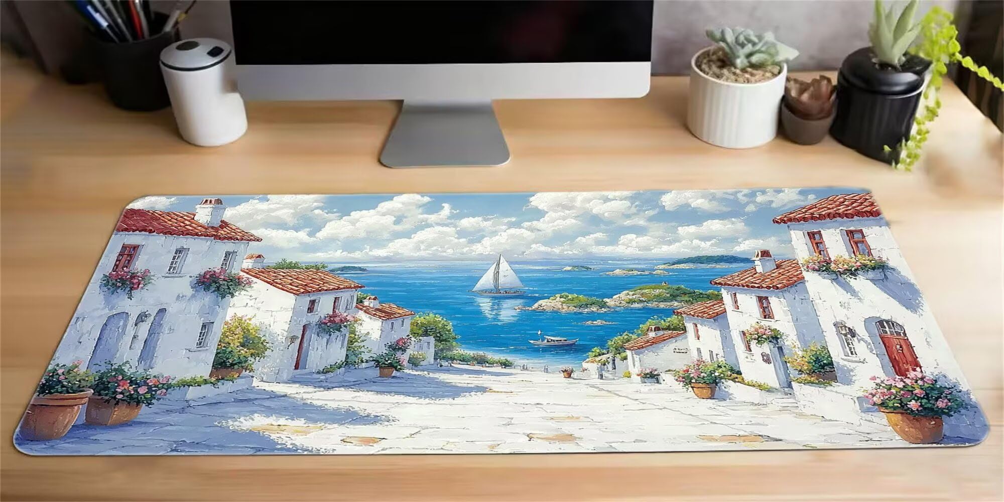 Podkładka pod mysz, podkładka pod mysz dla graczy XXL 1200x600, wysoka precyzja i prędkość pod biurkiem ręcznym, antypoślizgowa gumowa podstawa, akcesoria biurowe do laptopa PC (łódź przy morzu) I-507