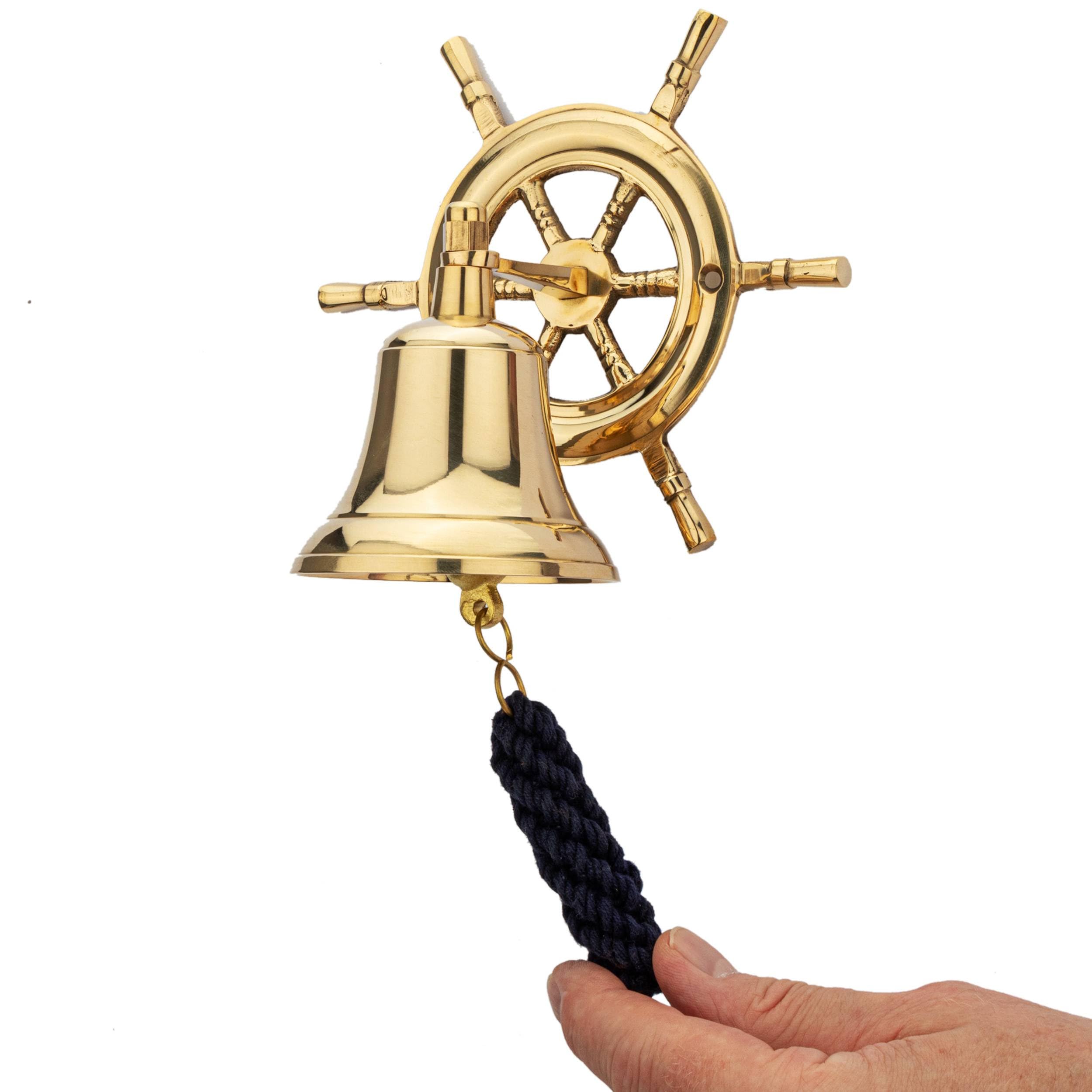 NKlaus Nautical Bell with Steering Wheel Wall Mount Brass 7.5cm - Maritime Wall Bell 16057, Gold, Gold - Image 2