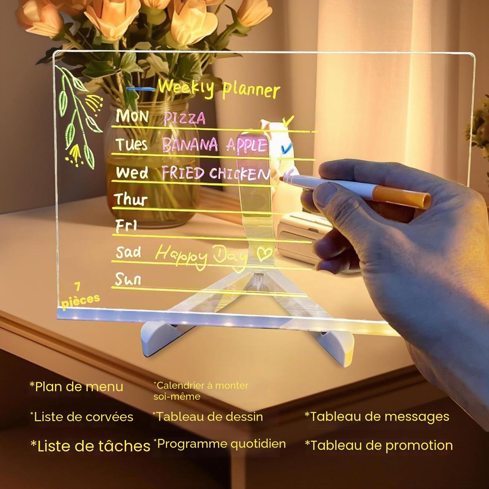 Tableau à dessin lumineux Message Effaçable LED, 20CM*30CM Tablette Lumineuse Dessin Avec Stylo 7 Couleurs et Support Réglable, Tableau Magique, Led Message Board,Tableau D'écriture