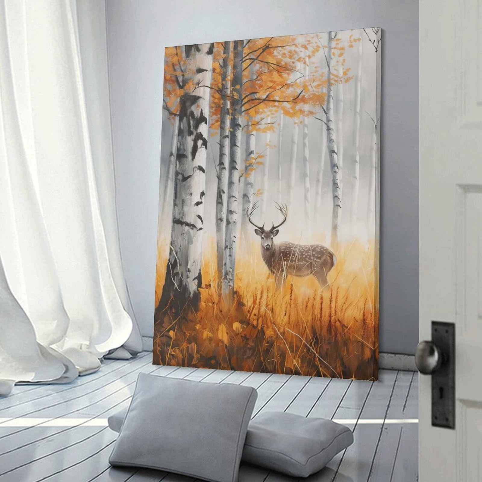 Junmoney Wall Picture Print Foggy Forest Stag, 24x36inch(60x90cm), for Small Homes, Bedrooms Or Open Spaces, An Easy Choice for New Home Styling