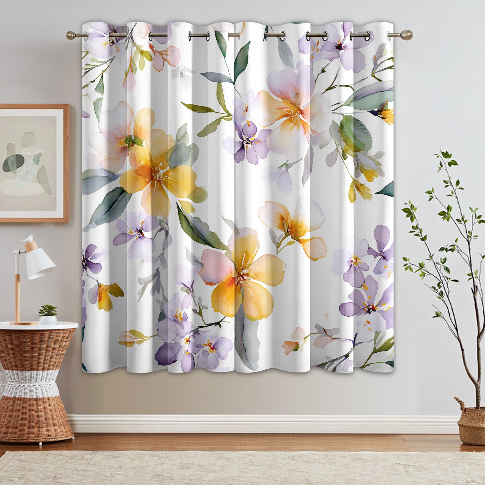Yellow Floral Curtains Blackout, 52x63 Inch 2 Panels - Purple Flower Pattern Black Out Curtains, Home Decor, 63 Drop Eyelet Window Drapes for Bedroom, Living Room OL103