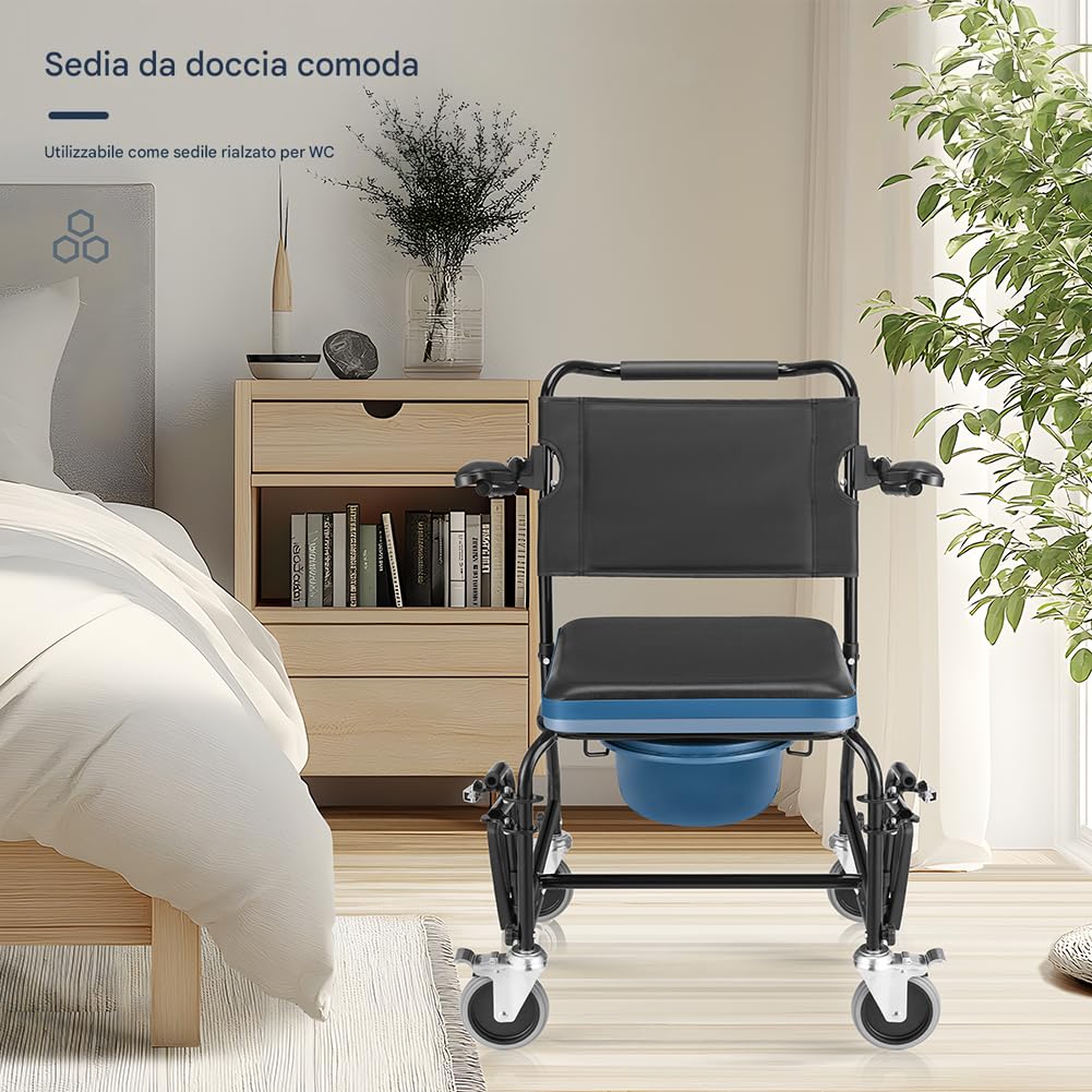 BAKAJI Sedia da doccia per Anziani Comoda con Secchio Rimovibile e Coperchio, Ausilio WC con Braccioli Basculanti, Rialzo Water Resistente, Sedia a Rotelle Persone con Mobilità Ridotta, Max. 110kg