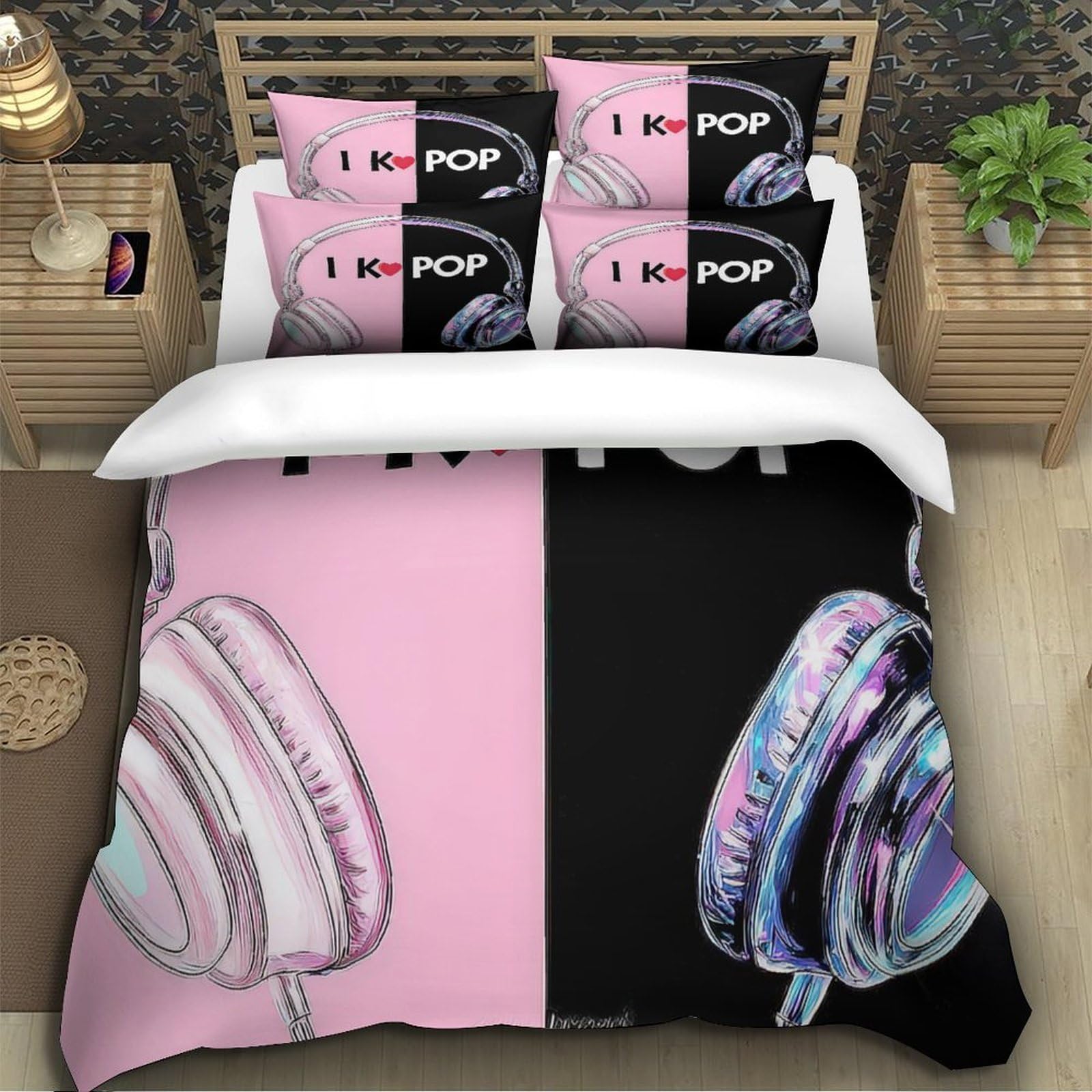 Funda Nórdica 3D Impresa K-Pop Música Microfibra Decoración Dormitorio Juego de Ropa de Cama Auriculares Jóvenes Adultos Super King（260x220cm）