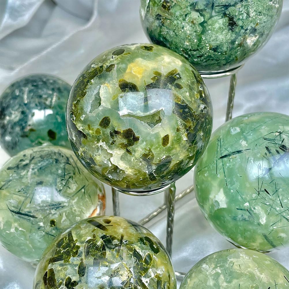 Prehnite Sphere 50-70mm Crystal Ball Decorative Stone Orb with Wood Stand for Home, Office, &,50~60mm