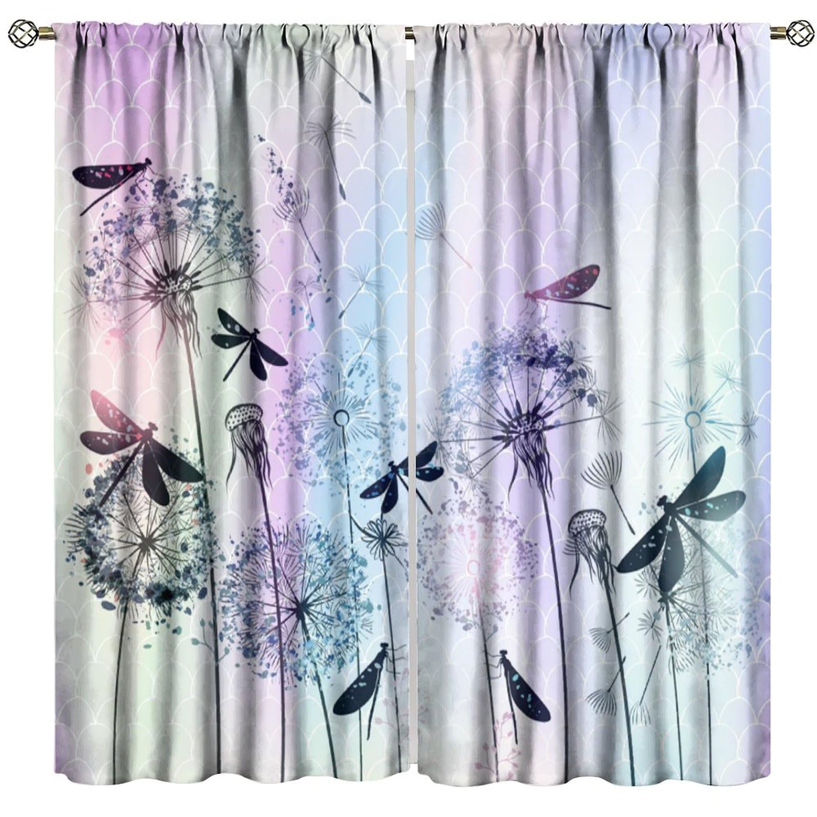 Rustic Dandelion Blackout Window Curtains, Elegant Dandelion And Pink Blue Cotton Flower, Rustic Dandelion Herbs Botanical for Home Kitchen Restaurant Decoration Window Curtain 2Panel 63"W X 72"L