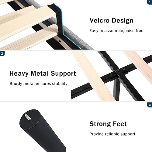 Miniatura 6 de Base de cama tamaño Queen con cabecera capitoné con botones, plataforma tapizada con almacenamiento debajo de la cama, soportes de listones de Gris