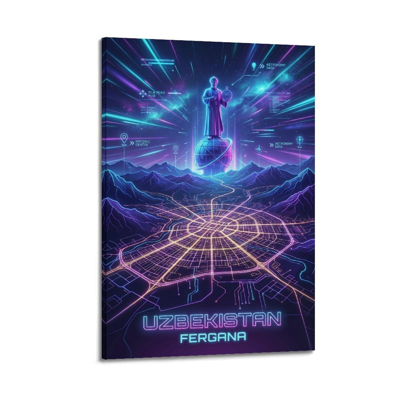 XKUGA Uzbekistan Al-Fraganus Neon City Synthwave Map Poster Modern Decorative Canvas Prints - Ideal Wall Art for Family, Man Cave, Game Room, Boys & Girls Bedroom 20x30inch(50x75cm)