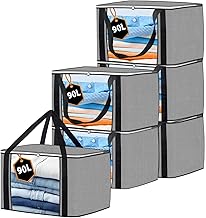 KURNI Storage Bags Clothes 6 Pack Grey, Large Moving Boxes With Top Lid 90L Capacity, 3 Sided Zipper Storage Box. Dust/Mites & Moisture Proof 60 x 43 x 35cm