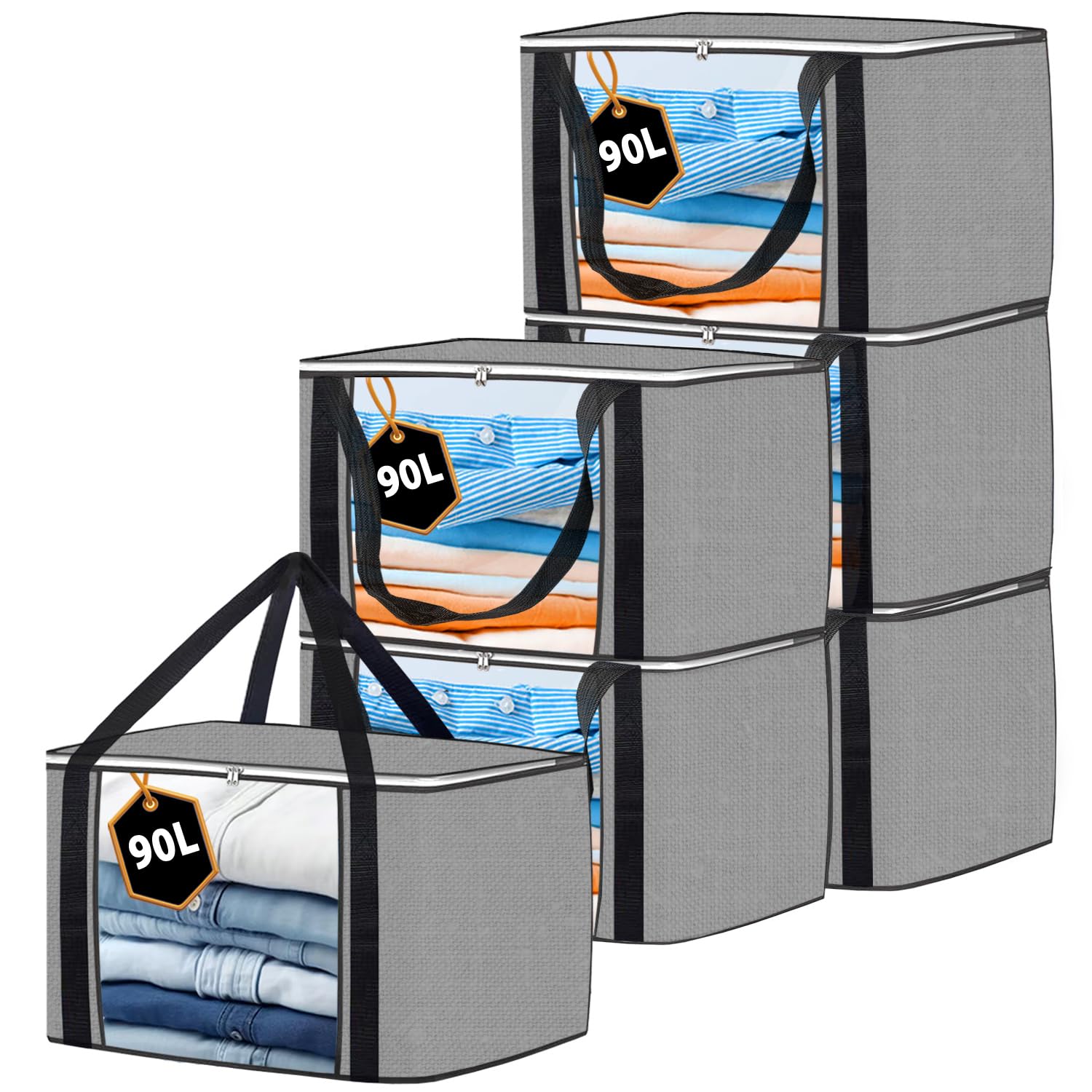 Storage Bags Clothes 6 Pack Grey, Large Moving Boxes With Top Lid 90L Capacity, 3 Sided Zipper Storage Box. Dust/Mites & Moisture Proof 60 x 43 x 35cm