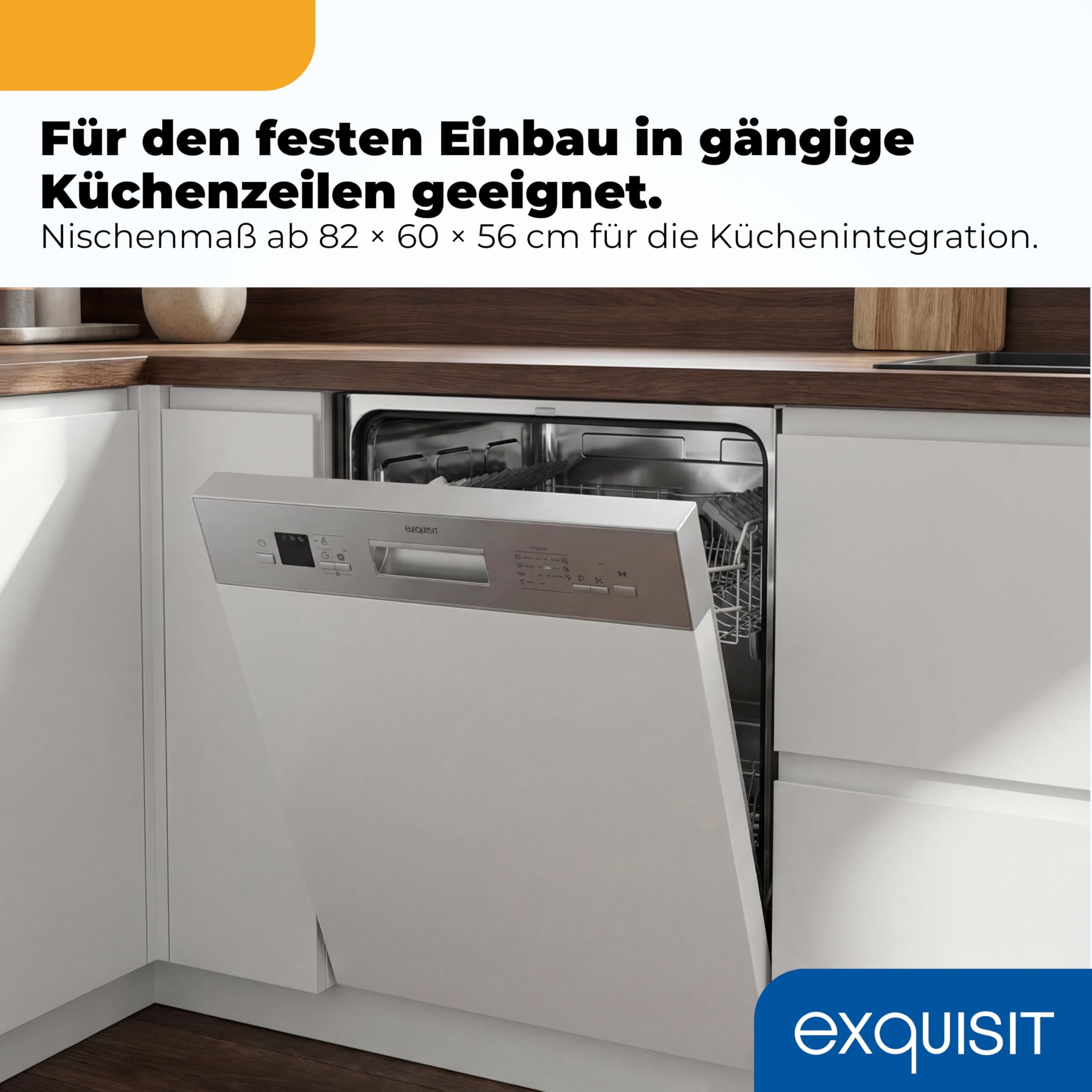 Exquisit EGSP56312 Einbau-Geschirrspüler - Teilintegriert 60 cm, 12 Gedecke | Spülmaschine mit 7 Programmen, Aquastop und Startzeitverzögerung. Inox-Blende, Halbe Beladung sowie LED-Display.