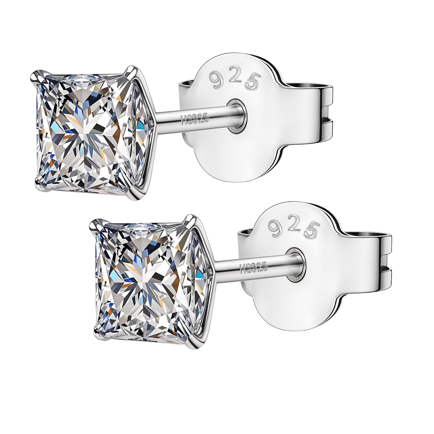 925 Silver Square Solitaire Stud Earrings | 92.5 Sterling Silver & Square Brilliant Cubic Zirconia Tops for Men Women Boys & Girls