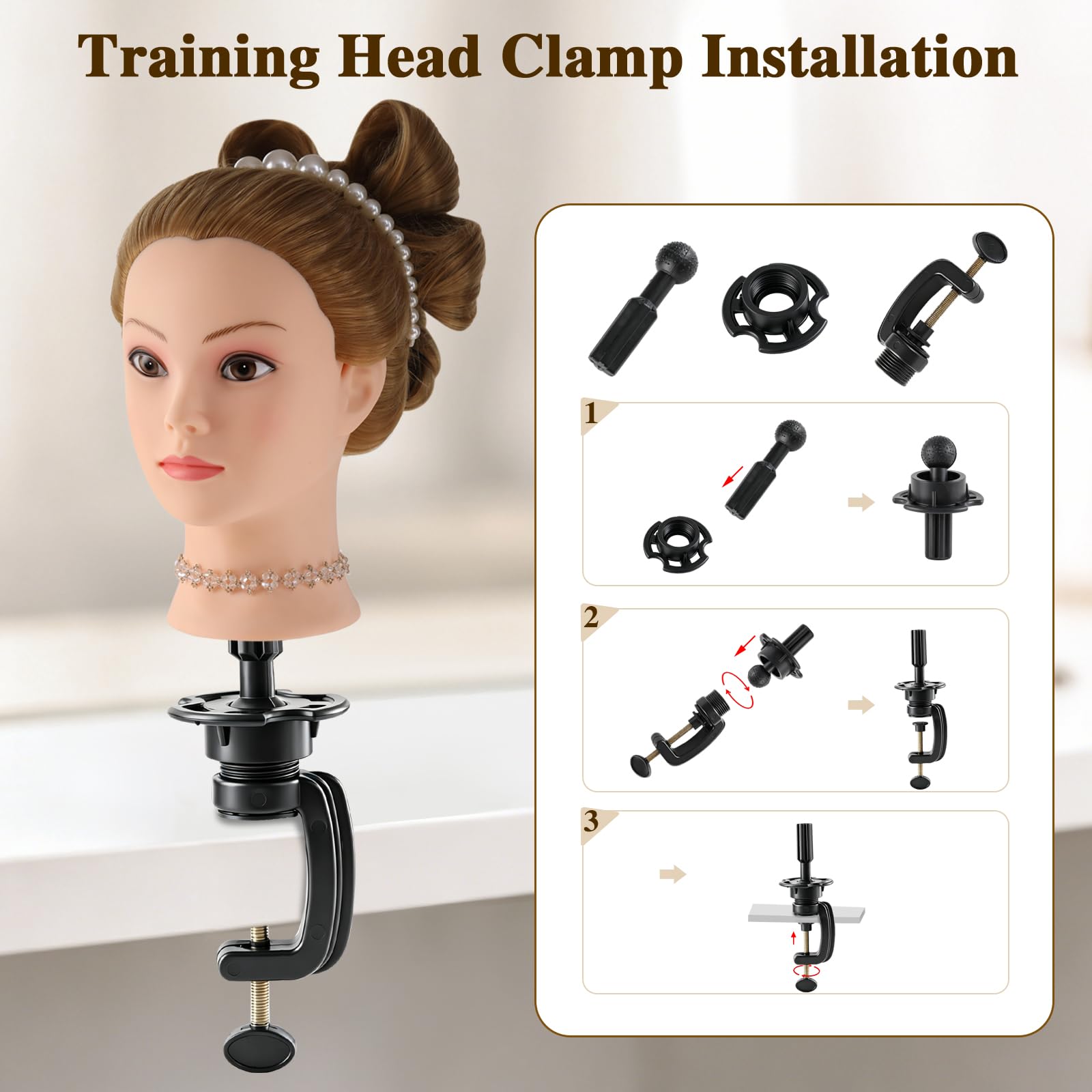Cabeza maniquí Cabeza Peluqueria 100% de cabello sintéticas Cabeza Practica Peluqueria cabeza de muñeca con Soporte de Mesa + Accesorios de Peinado