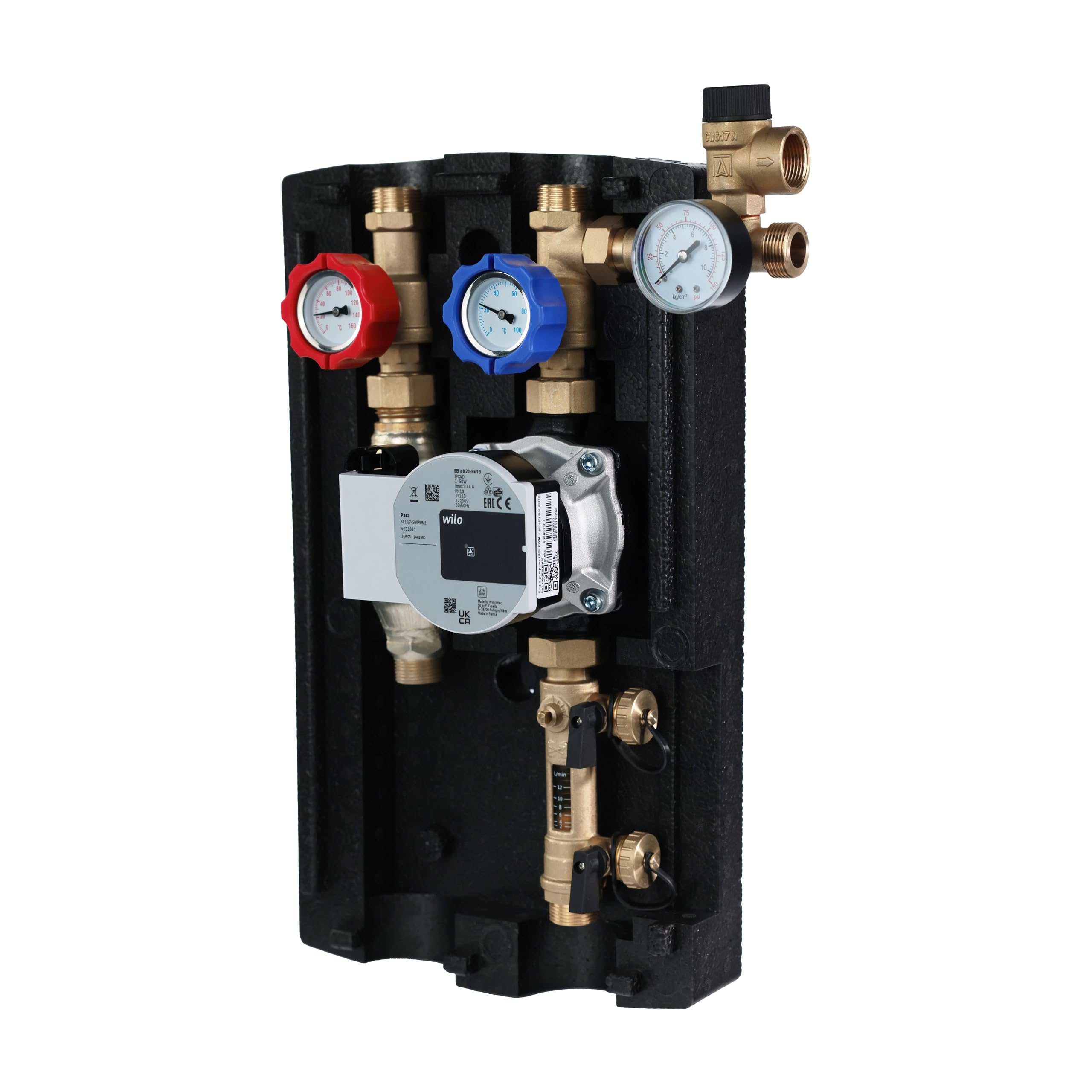 SUNEX Gruppo pompa per impianto termico solare GPS PWM con pompa elettronica WILO Para a risparmio energetico – Stazione solare con regolatore di flusso e gruppo di sicurezza, ¾″ AG, fino a 110 °C