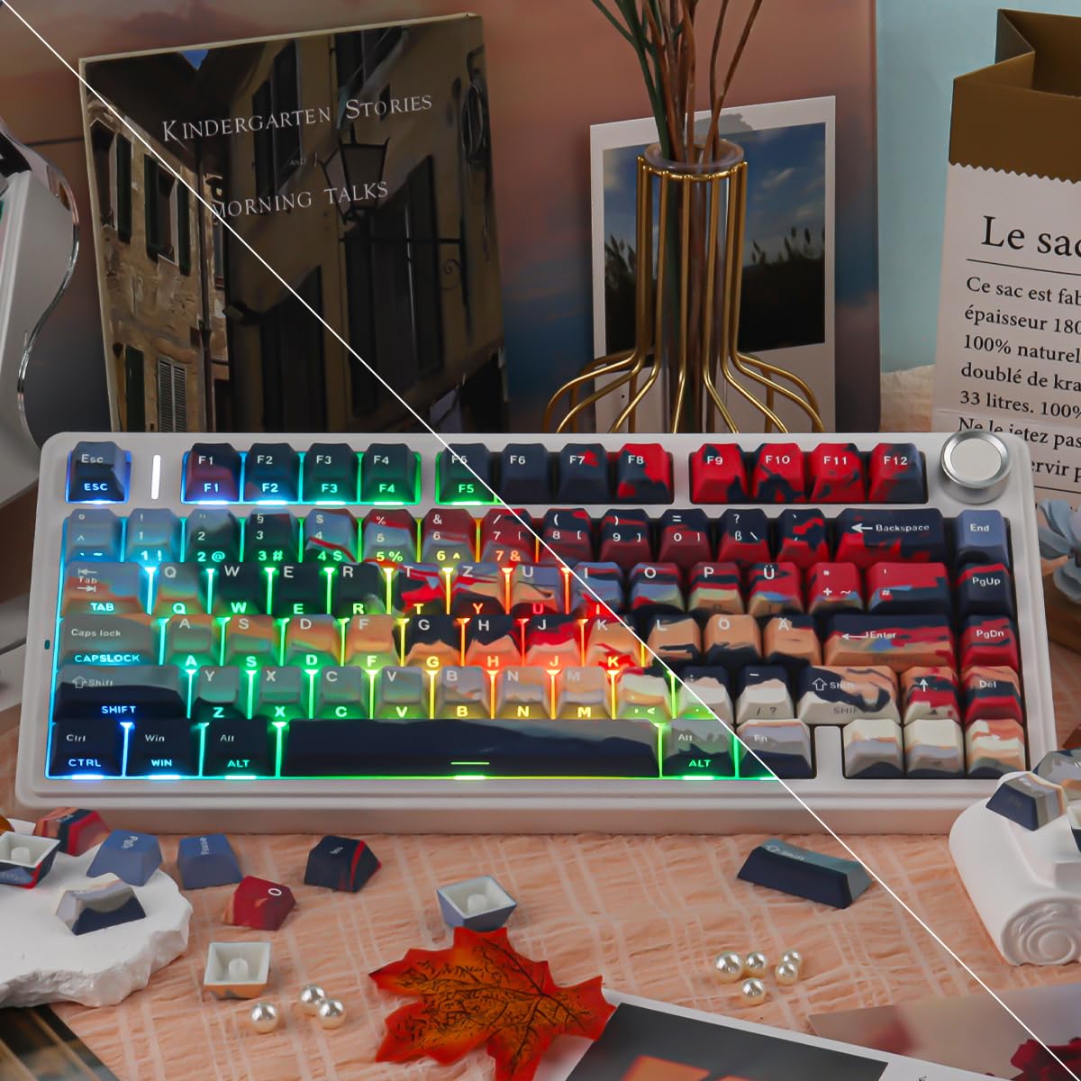 PBT ISO Keycaps, 133 Keys Cloud and Mist Keycaps, Side Print Shine Through Custom Keycap for Cherry MX Switch German QWERTZ Layout Mechanical Keyboards