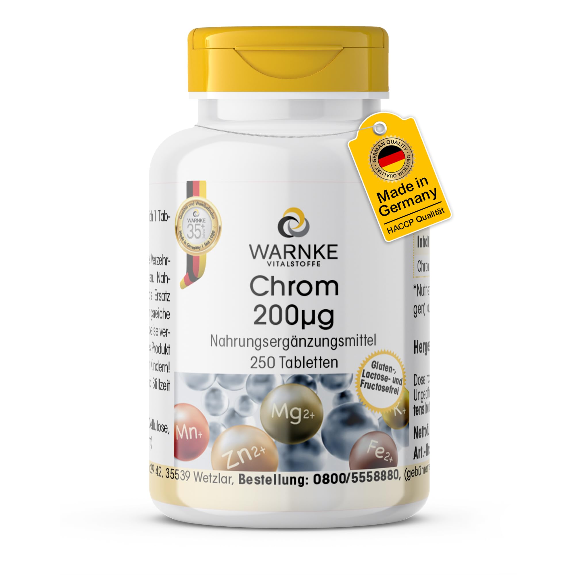 Chrom 200μg – 250 tabletek, każda zawierająca 200μg – wyprodukowano z pikolinianu chromu – WYSOKA DAWKA – niemiecka jakość farmaceutyczna – wegańskie | Warnke Vitalstoffe