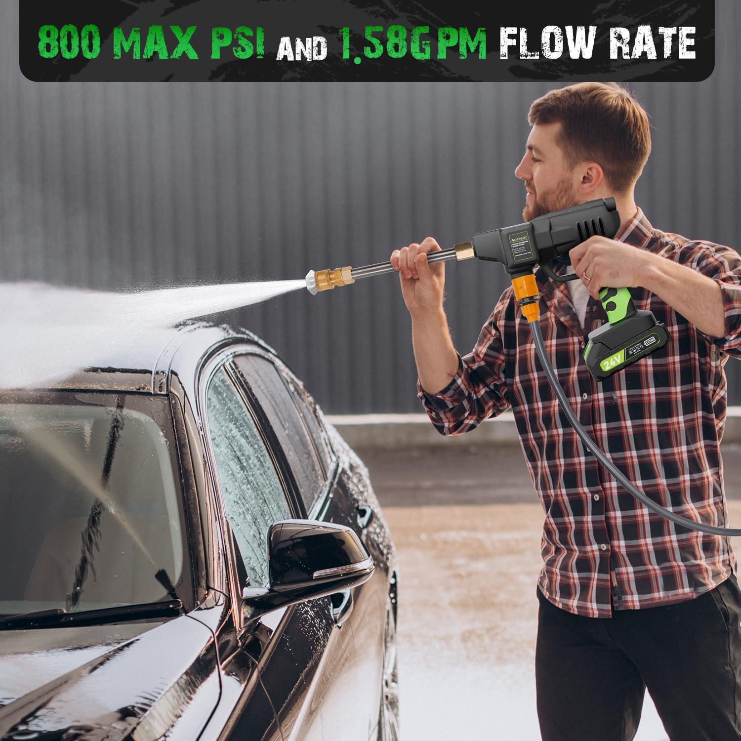 Man cleaning a car with the AORESAC cordless pressure washer