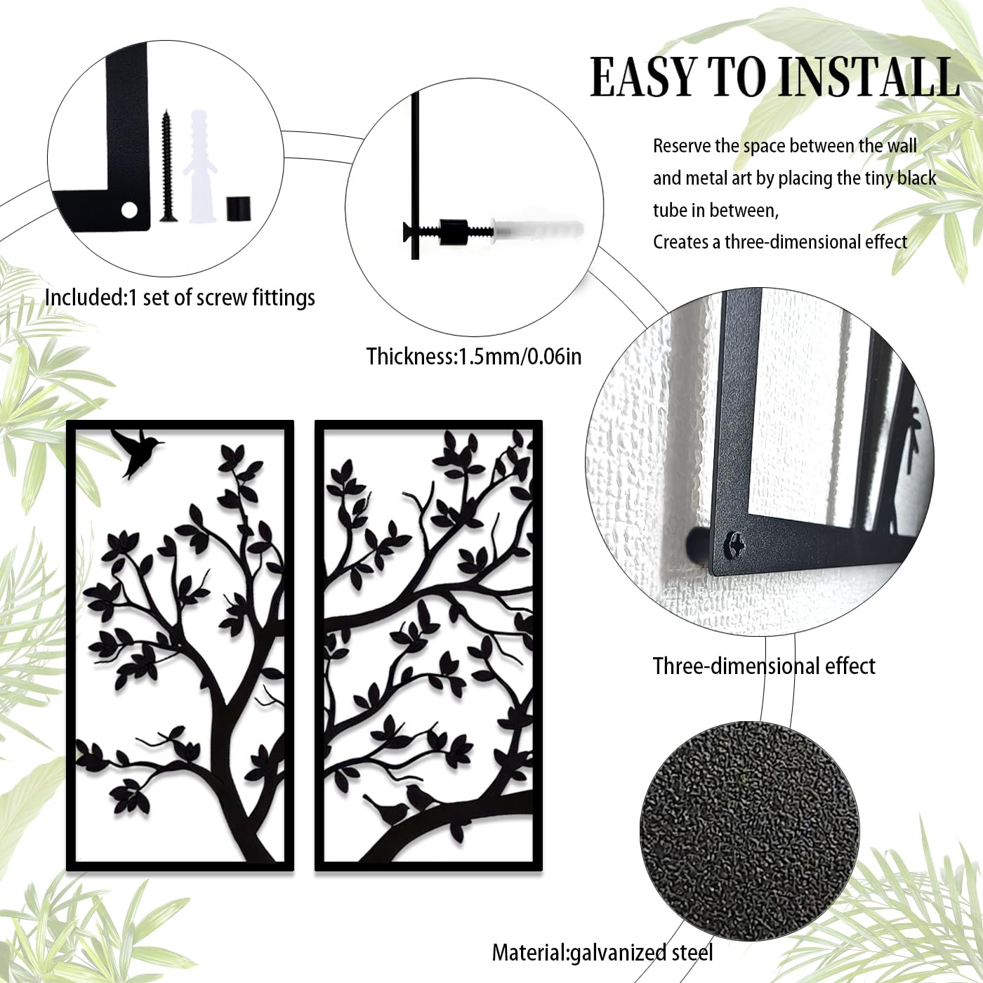 Pduoduo Albero della vita in Metallo 4 pannelli, Decorazione di Arte della Parete Dell'albero di Metallo per La Casa, Camera da Letto,Giardino,Decorazione da Parete (nero, 30 cm x 60 cm)