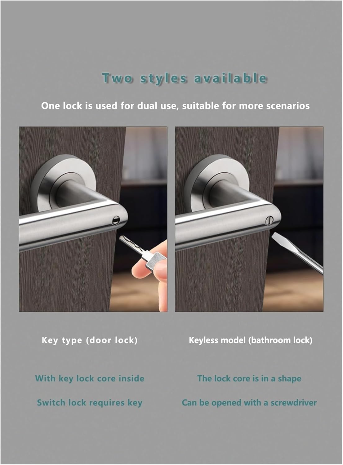 304 Stainless Steel Door Lock Indoor Bathroom Keyless Handle Universal Household Black Three-bar Hand(Brushed -with Key)