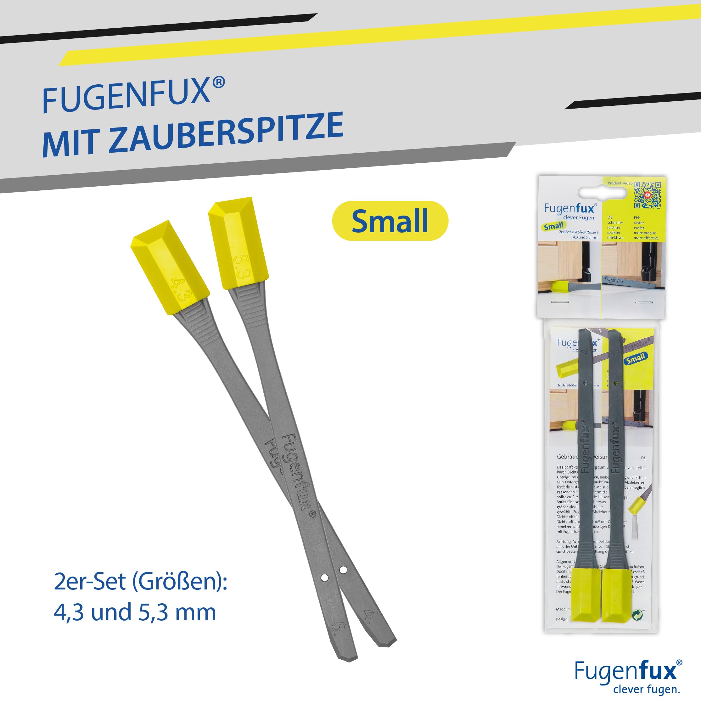 FUGENFUX® SMALL NUOVO | Speciali estrattori per fughe piccole | Set da 2 con dimensioni 4,3 e 5,3 mm | Punta magica rivoluzionaria per punti più stretti (modello 2024)