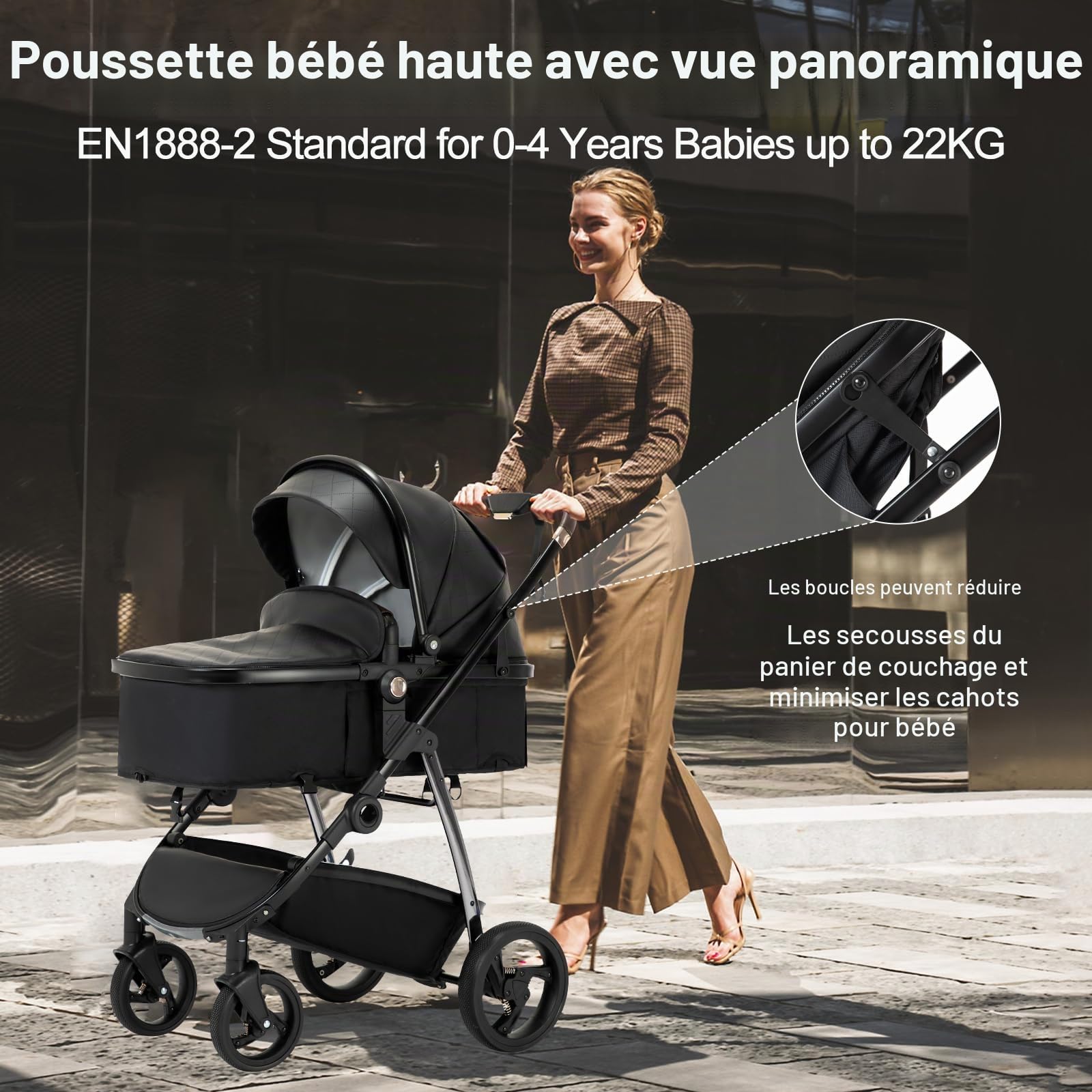 Cuir 3 en 1 Poussette Combinée, Poussettes Citadines Avec ECE R129 Siège Auto, One Click Pliant Poussette Bébé-né Haute Vision Cadre en Aluminium Poussette pour Nouveau(22kg, 0-4Ans)