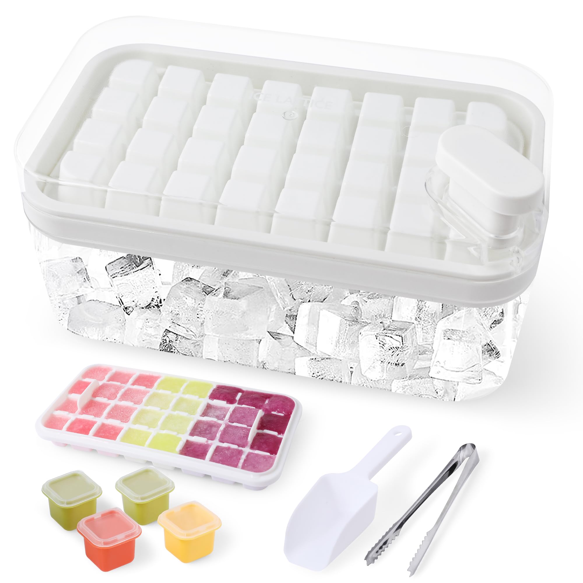 ALSTER Ice Cube Tray with Lid and Bin, 64 Pcs Easy Release Ice Cube Molds for Freezer, Contain with Ice scoop, ice tongs & ice Molds, for Whiskey, Cocktail, Coffee, BPA Free - White