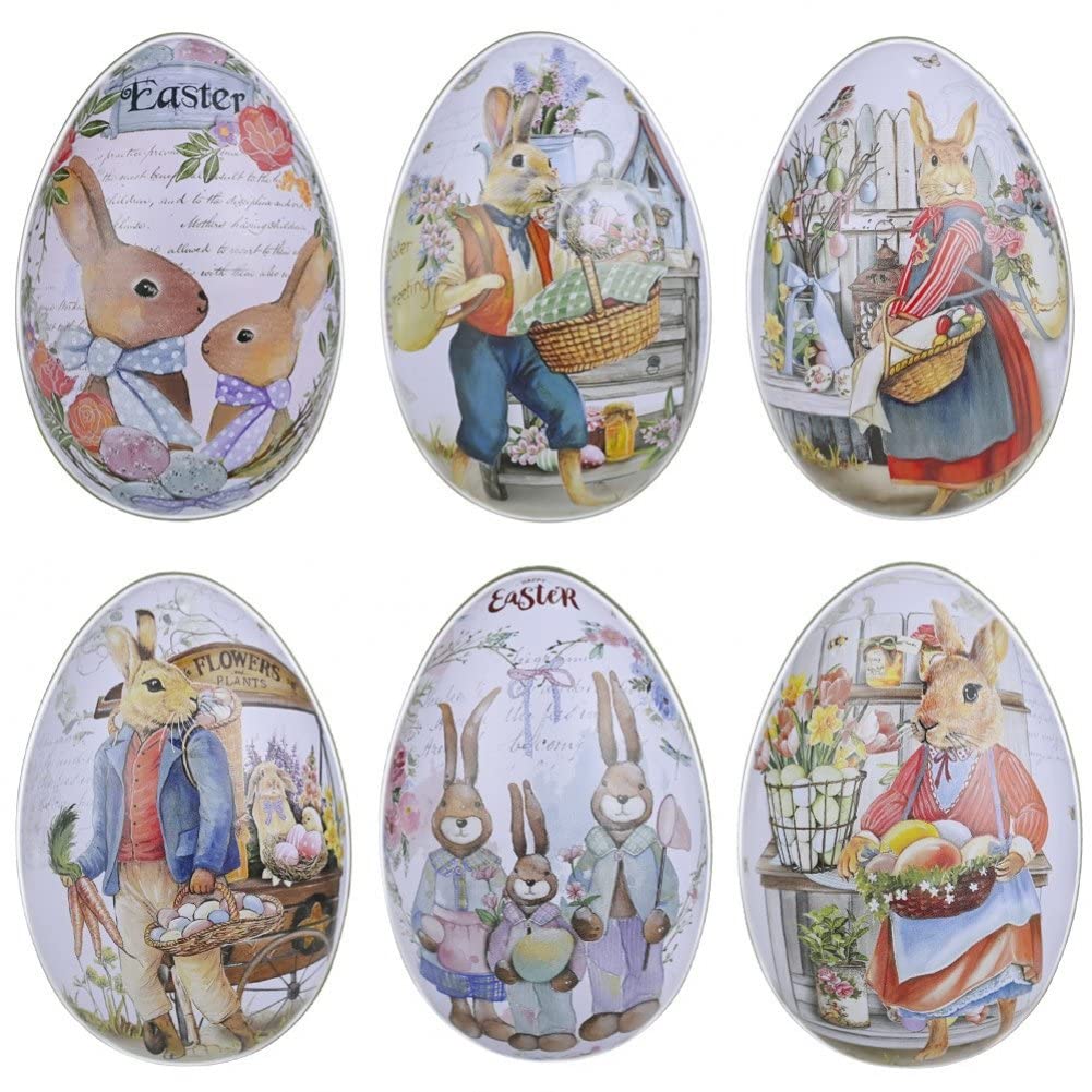 Wudaizhi Mixed Color 6Pcs Easter Tinplate Egg Egg Candy Case Easter Cookie Tins Retro Biscuits Tins With Lids Easter Party Supplies