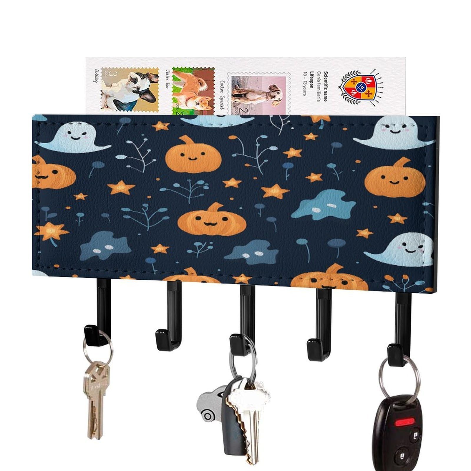 Fekiloot Black-Style Ghosts And Pumpkins Key Holder Wall Mount Key And Mail Holder Key Hanger With 5 Hooks Decorative Pu Key Rack Hanging Key Hooks For Wall Living Room Kitchen Bathroom Hallway