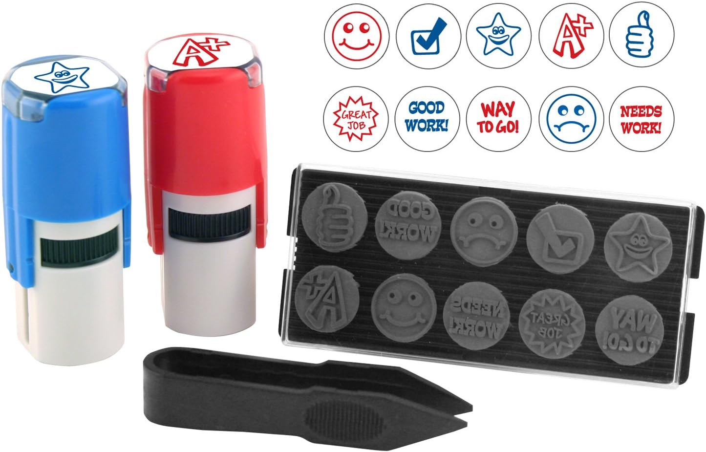 Stamp-Ever 10-in-1 Teachers' Student Work Stamp Kit, 10 Interchangable Self-Inking Stamps, 5/8-Inch Impression, Blue/Red (4630)