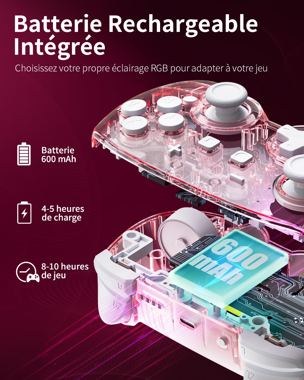 PALPOW Manette Switch à Effet Hall sans fil, Compatible avec Switch 2/OLED/Lite, Gamepad Bluetooth avec 7 Couleurs LED/Macro/Capteur de Mouvement/Turbo - Rose Transparent