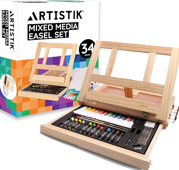 Mixed Media Art Set Complete Easel Painting Kit with Wood Table Desk