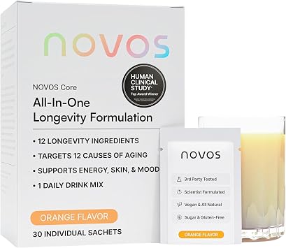 Novos Core - Clinically Studied Daily Longevity Supplement | 12 Active Ingredients for Healthy Aging, Energy, Cognition & Skin Health | Human Clinical Trial Backed | Orange Flavored | 30 Servings
