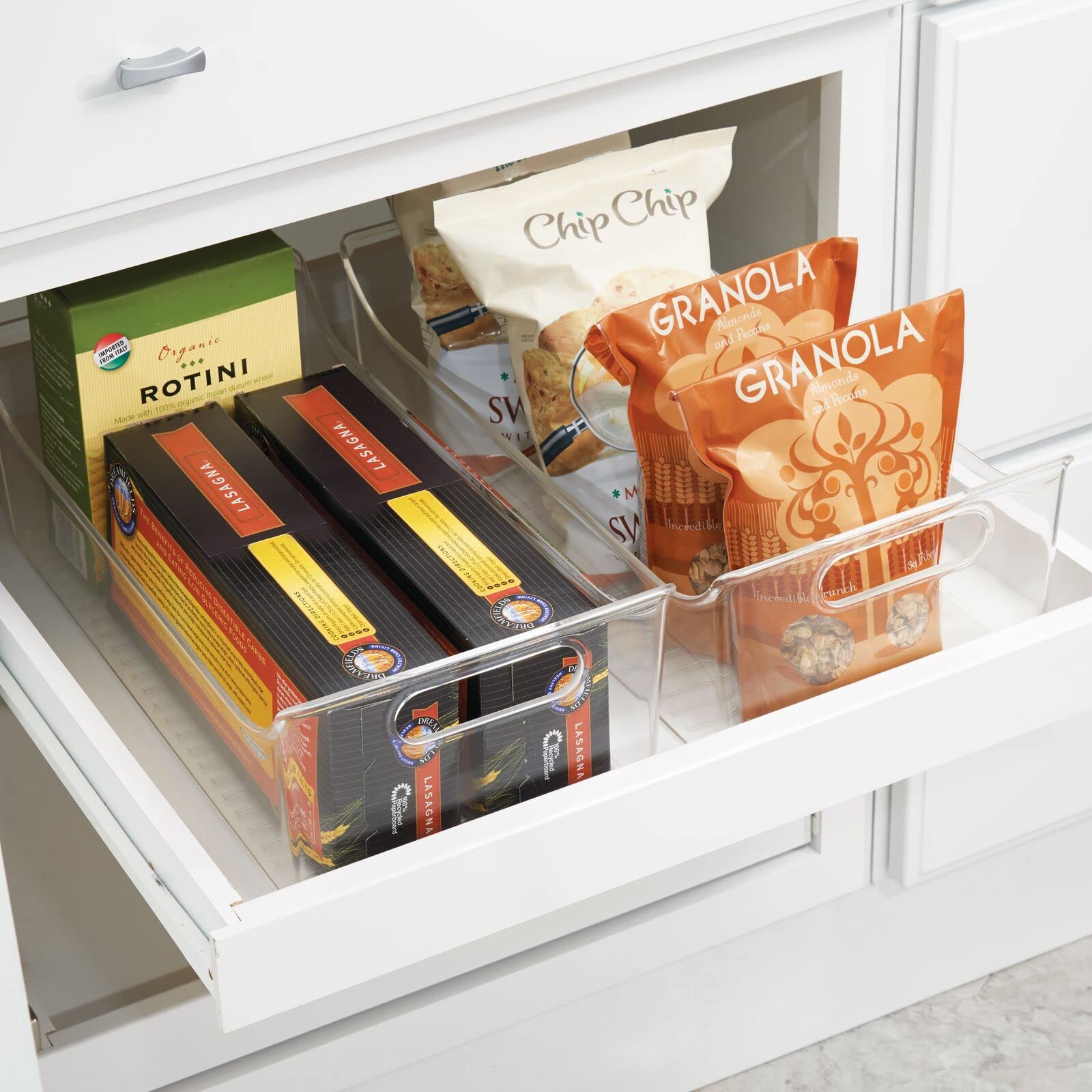 mDesign rangement frigo avec poignées (lot de 4) – bac alimentaire long en plastique pour fruits, légumes, conserves, etc. – caisse de rangement pour placard de cuisine ou réfrigérateur – transparent