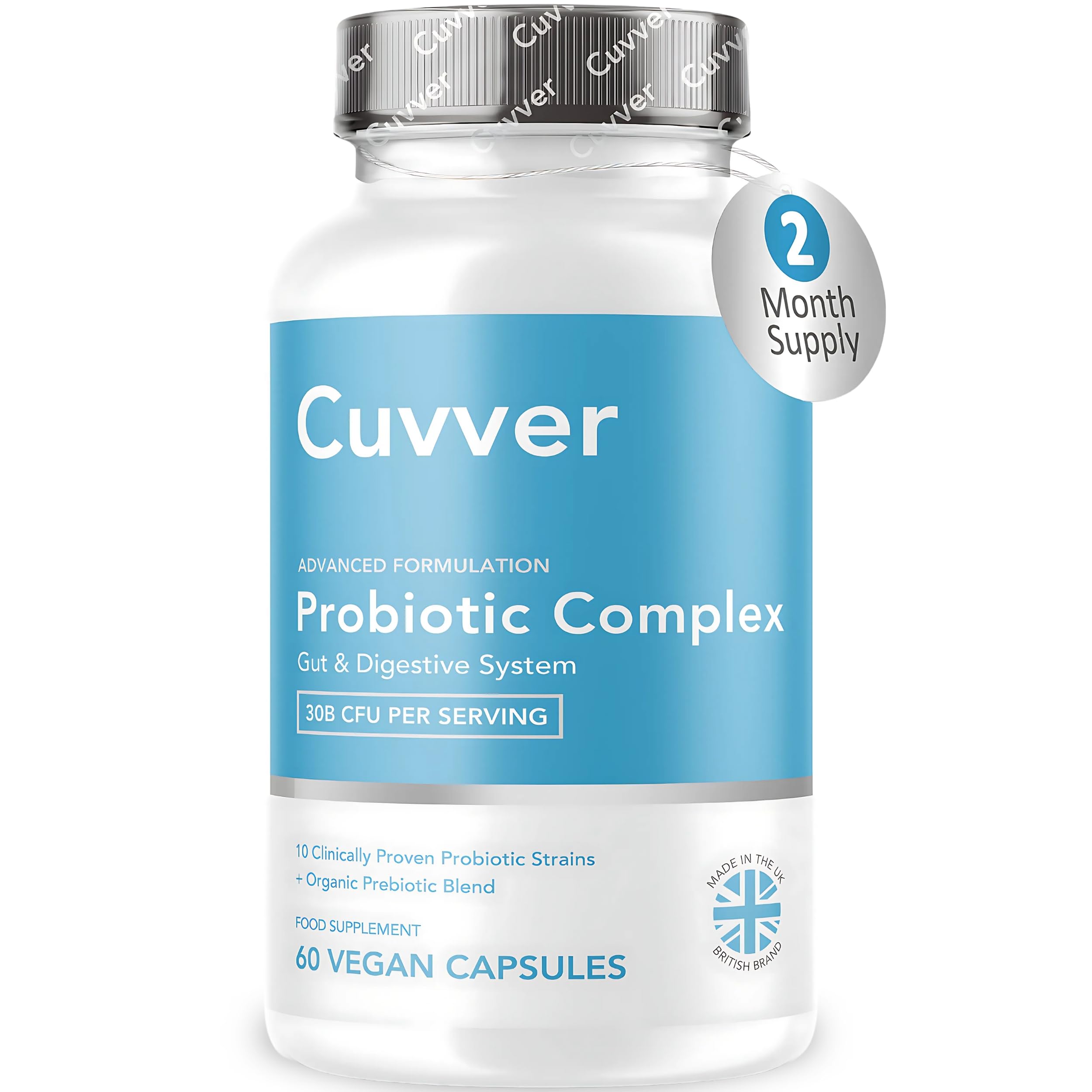 Probiotics Complex - Gut Health & Bloating Relief – Organic Prebiotics - 30 Billion CFU - 10 Bacterial Cultures - Vegan Supplement for Men & Women - 60 Capsules - 2 Month Supply - Made in UK