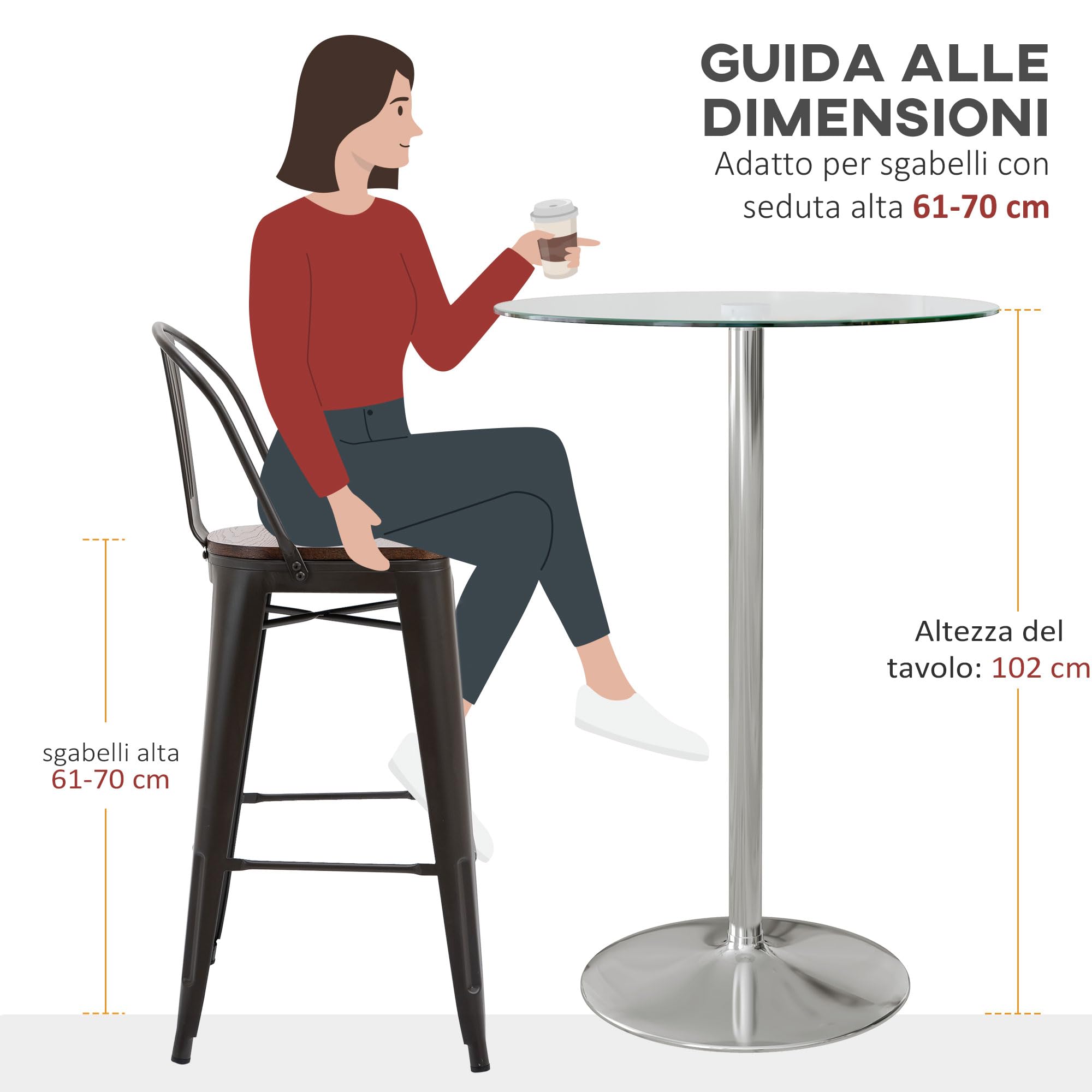HOMCOM Tavolo da Bar Alto Moderno in Vetro, Tavolo Salvaspazio da Cucina Rotondo con Base in Acciaio per 2 Persone, Ø70x102cm, Trasparente