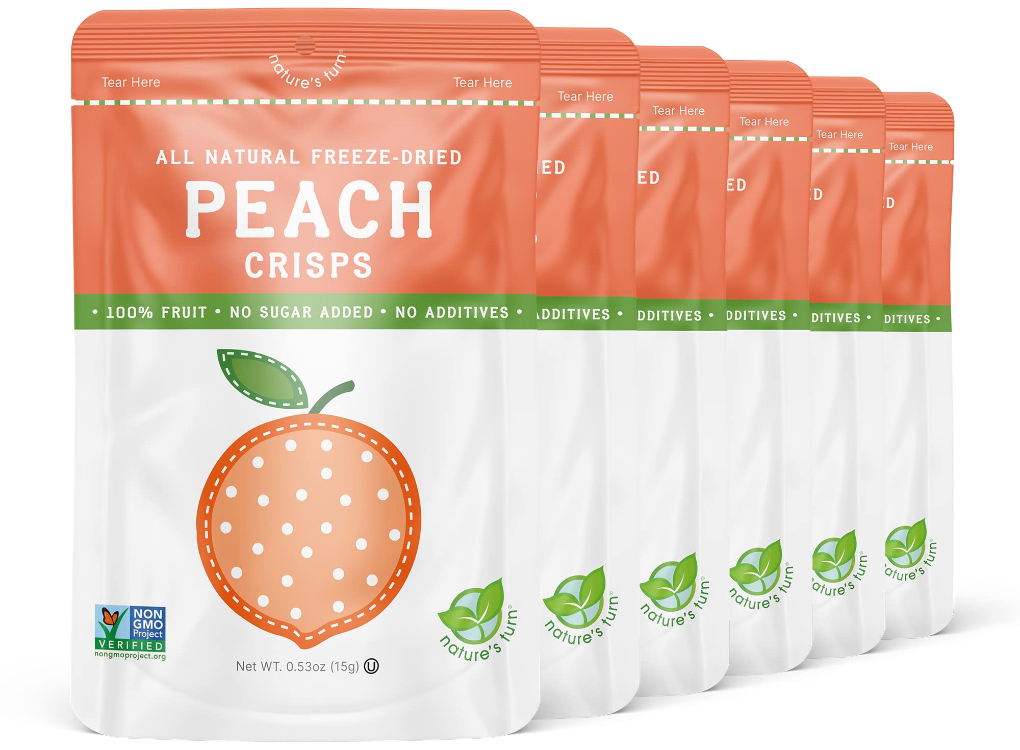 Nature’s Turn Freeze-Dried Peach Crisps – Healthy, Gluten-Free, Crispy & Delicious, Plant-Based Snack, Ideal for Cereal, Smoothies, School Lunches, & On-the-Go, Pack of 6 (0.53 oz Each)