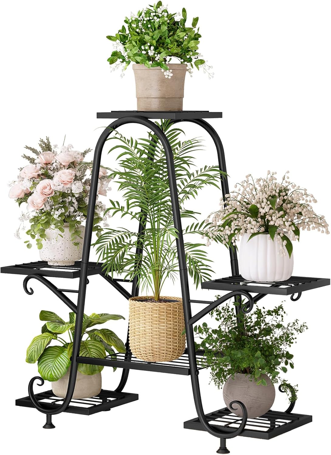 Plant Stand Indoor Outdoor Shelf Metal Holder Pot Rack Multiple Plants Stand Tall 6 Pot Flower Shelf Corner Living Room Garden,Black (Black, 6 Pots) Black 6 Pots