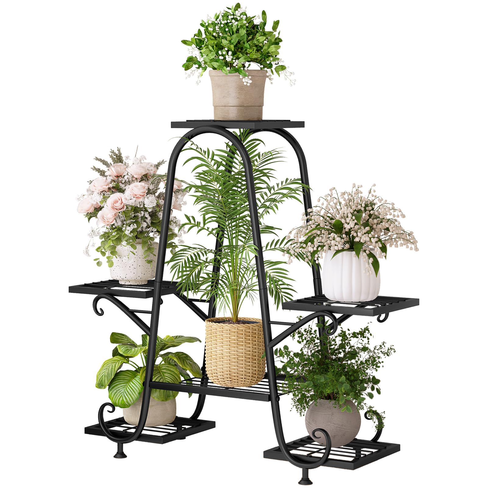 INGIORDAR Plant Stand Indoor Outdoor Shelf Metal Holder Pot Rack Multiple Plants Stand Tall 6 Pot Flower Shelf Corner Living Room Garden,Black (Black,