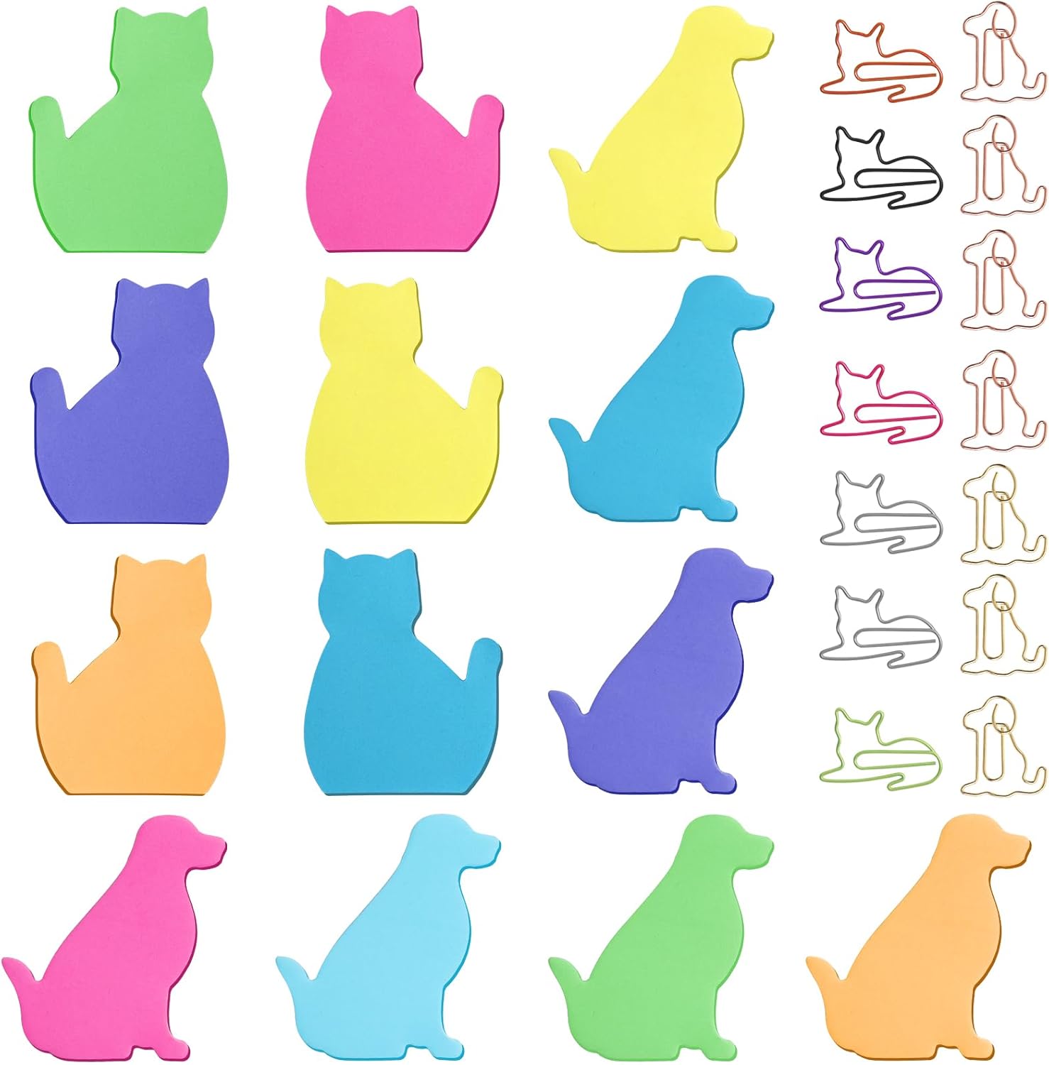 390 Pcs Cat Sticky Notes, 7 Colors Cats Dog Sticky Post it Notes Animal Sticky Notes with 14 Pcs Cats & Dog Paper Clips, Cute Dogs Sticky Note Colorful Self-Stick Note Pads