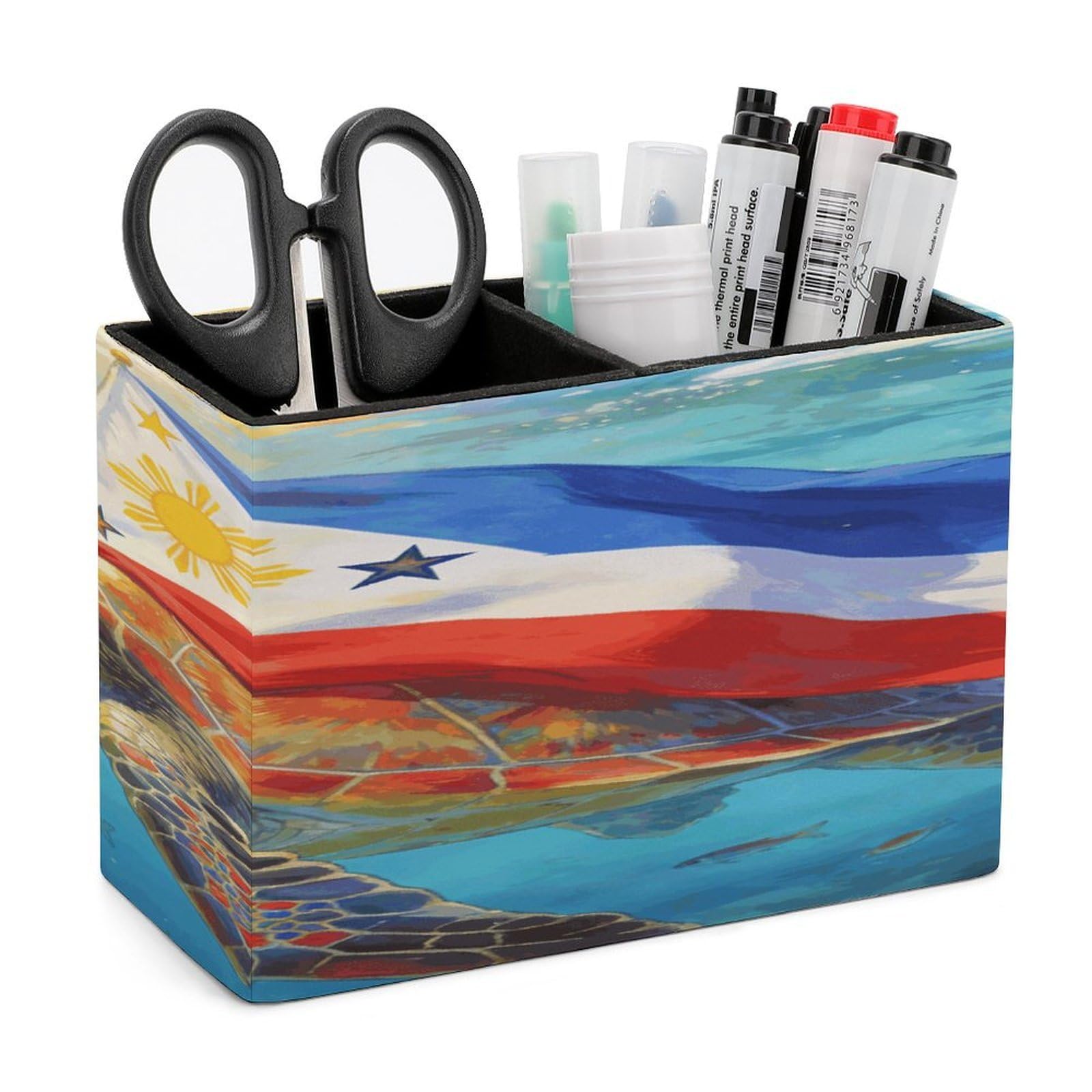 Colorful Sea Turtle And National Flag Pen Holder Double Compartments Pen Cup Makeup Brush Holders Leather Pencil Holder Locker Organizer for Work Locker Accessories Modern Pencil Cup for Desk