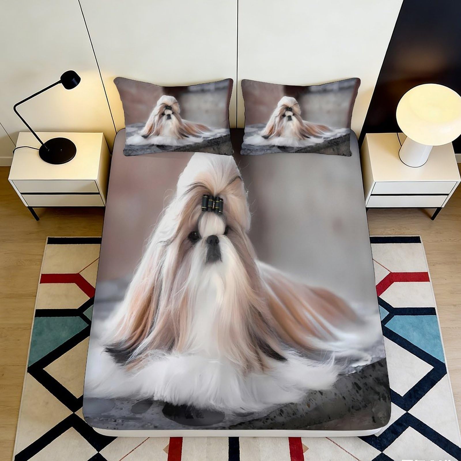 Decorative Shih Tzu Fitted Sheet, 3D Printed, Soft Touch Microfiber Bed Cover, Bedroom Decor, Guest Room Bedding, Wrinkle Resistant, Easy Care, 110x200cm 90x200x25cm