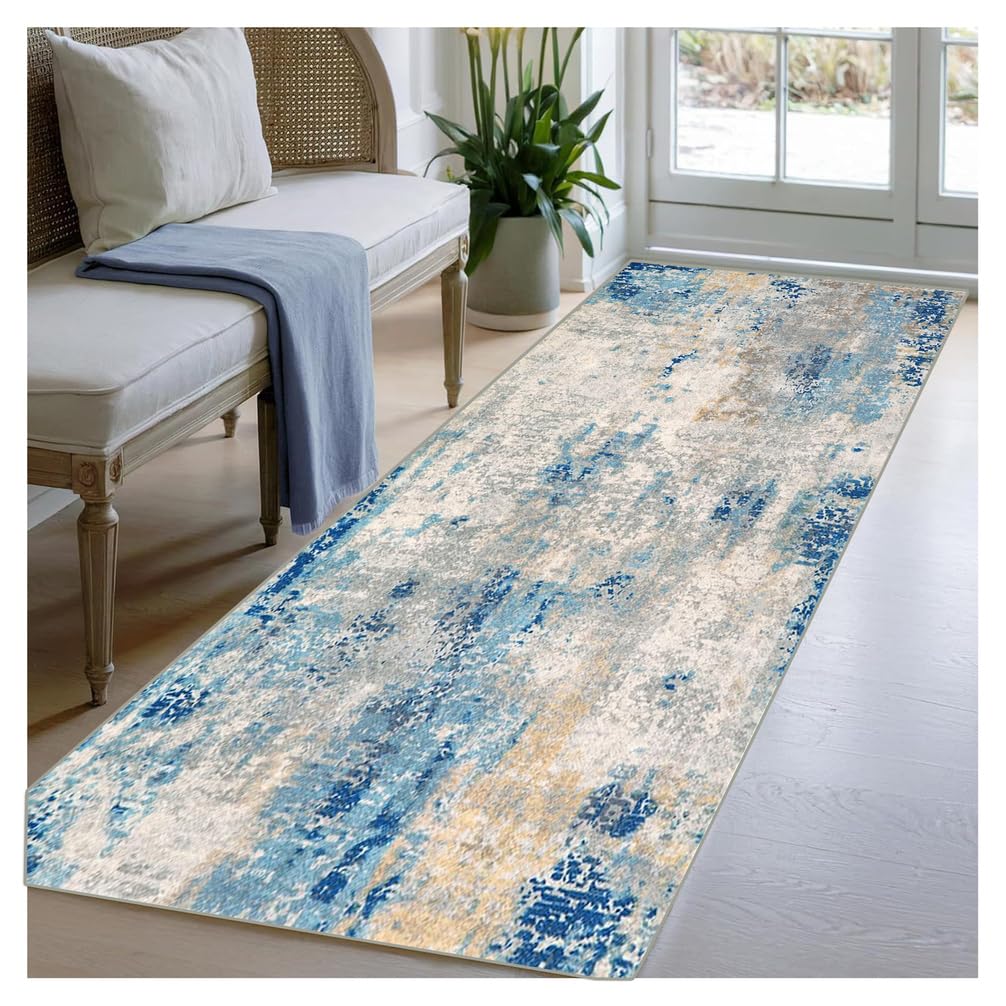 BORKOY Abstract Blue Carpet Runner 80x450cm Modern Hallway Rug Non-Slip Washable Ultra Soft Long Hall Runners for Entryway Kitchen Bedroom Living Room Laundry Indoor Flooring