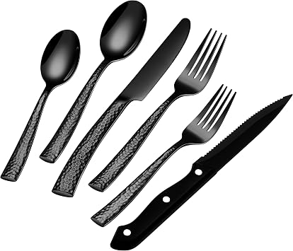 EUIRIO 48-Piece Black Hammered Silverware Set for 8, Stainless Steel Flatware Set with Steak Knives, Mirror Polished Tableware Cutlery Set, Include Forks Spoons and Knives Set, Dishwasher Safe