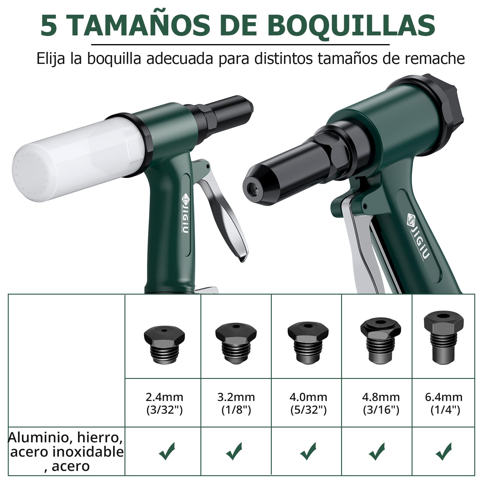 JiGiU Remachadora Neumática 1780KGF Pistola Remachadora Neumática | con 5 Boquillas 2.4mm, 3.2mm, 4.0mm , 4.8mm y 6.4mm para Automoción, Construcción, Industrias Manufactureras